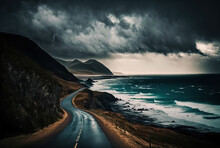 Beautiful Photograph Of A Coastal Road With A Gloomy Sky In The Distance. Generative AI