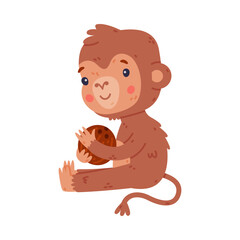 Canvas Print - Funny cute baby monkey sitting with coconut. African tropical animal cartoon character vector illustration