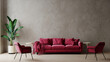 Living room in trend viva magenta color 2023 year. A bright sofa accent. Plaster microcement wall background. Crimson, burgundy,   tones of room interior design. Beige taupe stucco texture. 3d render 