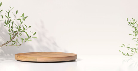 wooden round tray podium, green tree twig on white glossy table counter in sunlight, leaf shadow wit