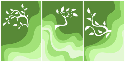 Wall Mural - vector white tree with green waves. abstract plant.