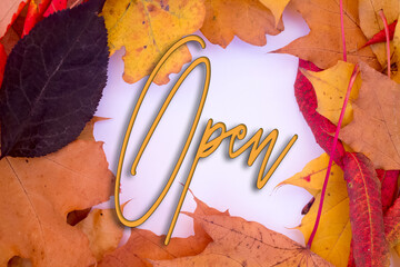 Poster - Autumn leaves, objects with Open text. Natural patterns, color design.
