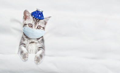 Aufkleber - Kitten with ice bag or ice pack on his head wearing medical protective mask lying under white warm blanket on a bed at home. Top down view. Empty space for text
