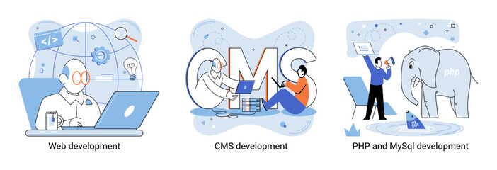Website architecture concepts metaphor. Web development, PHP and MySQL, CMS, interface design, software testing. Creation digital Software mobile, desktop platforms. Digital content management system
