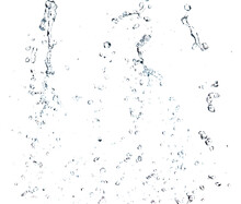Shape Form Droplet Of Water Splashes Into Drop Water Line Tube Attack Fluttering In Air And Stop Motion Freeze Shot. Splash Water For Texture Graphic Resource Elements, White Background Isolated
