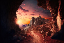 Narrow Path Going To A Rocky Cave Beneath The Stunning Sky At Sunset. Generative AI