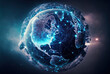 © AkuAku - international metaverse Background of a globe map with futuristic technologies and a digital network. Generative AI