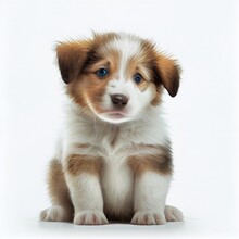  A Puppy With Blue Eyes Sitting Down On A White Background With A White Background And A White Background With A Brown Border.