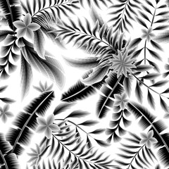 Wall Mural - Seamless botanical composition vitage tropical leaves on white background. Trendy vector pattern. Fashionable seamless tropical pattern. Printing and textiles. monochromatic design. Exotic Summer