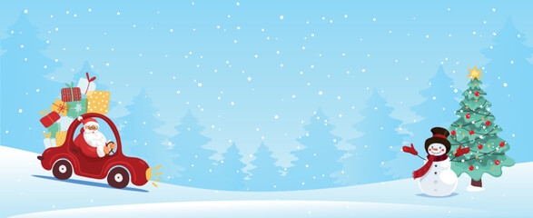 Wall Mural - Christmas banner with save space, Santa Claus in car with gifts, snowman with fir tree in winter snowy forest. Vector flat cartoon.