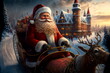 Santa Claus riding on sleigh with gift box . Magic Santa's sleigh flying over Christmas fairy forest on the background