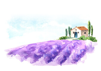 Wall Mural - Lavender field, Provence summer  landscape. Welcome to France card concept. Hand drawn watercolor illustration  isolated on white  background