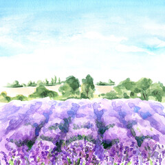 Wall Mural - Lavender fields, Provence summer landscape. Welcome to France card concept. Hand drawn watercolor  background