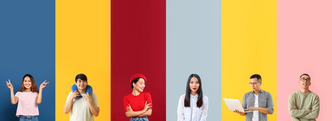 Wall Mural - Set of different Asian people on colorful background