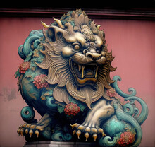 Foo Dog, FuDog, Chinese Guardian Lions, Symbol, Statue, Sculpture, Buddhism, Religion, Asia, China, Japan. AI Generation