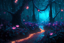 Fantasy Fairy Tale Background With Forest And Blooming Pink Rose Path. Fabulous Fairytale Outdoor Garden And Moonlight Background. Digital Artwork