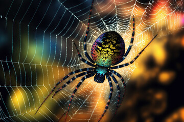 Wall Mural - Spider in the center of its web on a colorful blurred background. Digital artwork