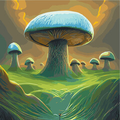 Surreal rowing landscape vector illustration. Enchanted forest with mushrooms magic. meadow with colorful mushrooms fantasy style. Beautiful magic mushrooms lost forest and fireflies background fog 