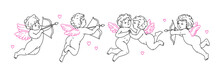Angel And Cupid Tattoo Art 1990s-2000s. Love Concept. Happy Valentines Day. Y2k Stickers In Trendy Retro Line Art Style. Vector Hand Drawn Tattoo Illustrations. Black, Pink, White Colors.