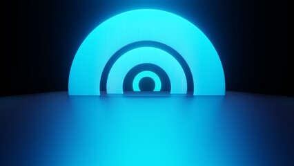 Wall Mural - 3d rendering of spaceship corridor background blue neon glowing. scene for advertising, technology, 