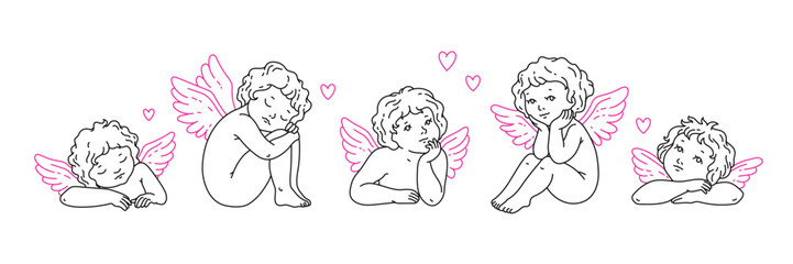 Wall Mural - Angel and cupid tattoo art 1990s-2000s. Love concept. Happy valentines day. Y2k stickers in trendy retro line art style. Vector hand drawn tattoo illustrations. Black, pink, white colors.