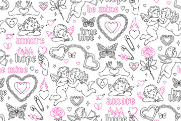 Wall Mural - Tattoo art 1990s-2000s seamless pattern. Love concept. Happy valentines day. Heart, angel, cupid, butterfly, rose in trendy retro style. Vector hand drawn tattoo background. Black, pink, white colors.