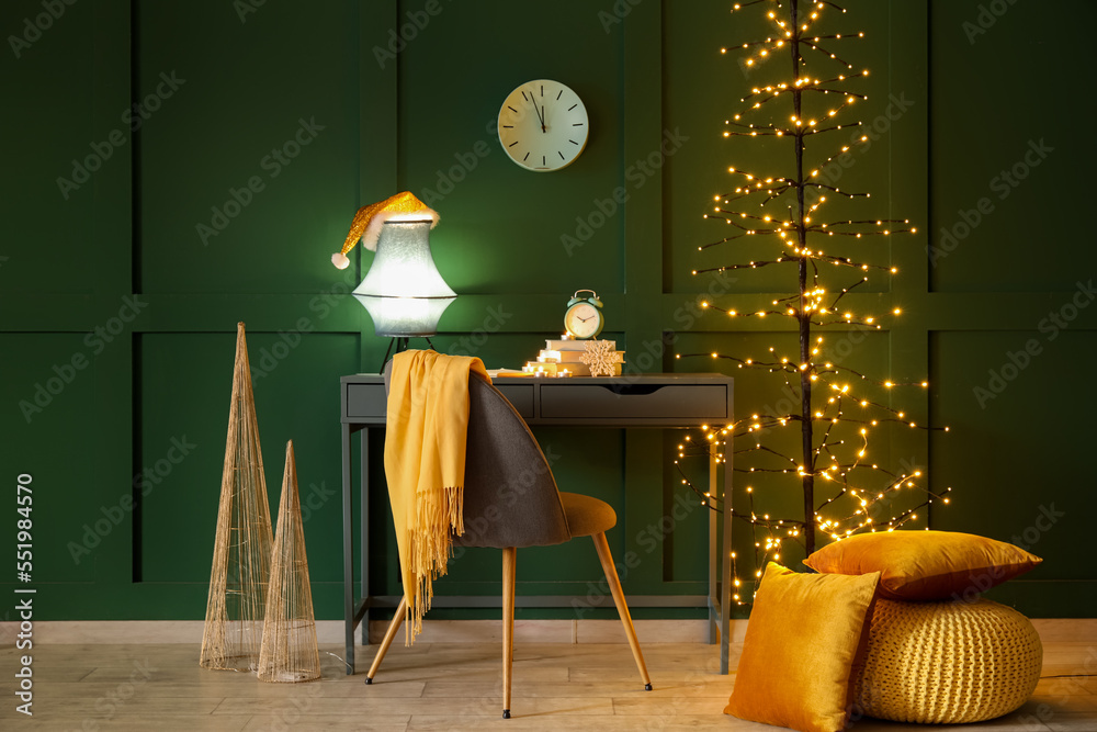 Interior of office with workplace, clocks and glowing lamps