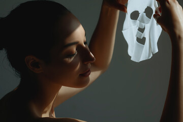 Young beautiful woman applies white sheet mask to her face