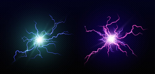 Poster - Electric balls, round lightnings, blue and purple thunderbolt circles. Magic energy strikes, plasmic spheres, powerful electrical isolated discharge, glowing dazzle, Realistic 3d vector illustration