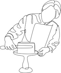 Continuous line drawing of hand drawn chef preparing food. Scene in the kitchen. Template for your design. Vector illustration.