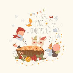 Wall Mural - Cute Animals with Little Angel baking Magic Christmas Pie