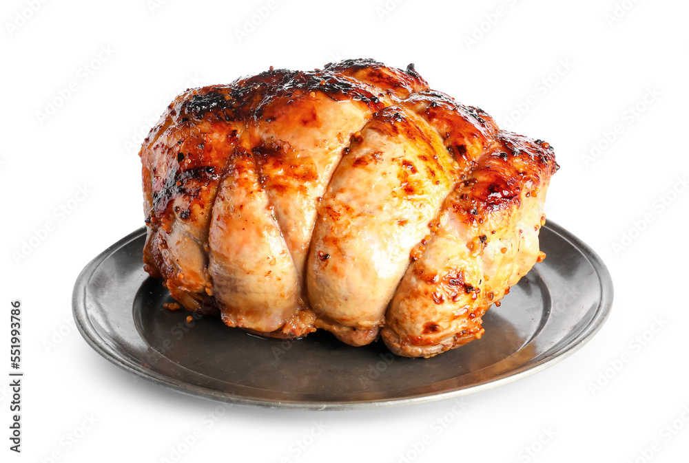 Plate with tasty Christmas ham on white background