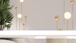 Luxury and minimal white glossy table top, countertop with modern design of gold steel decorative floor lamp and tree with cream wall in store for beauty, fashion, cosmetic product display background