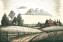 Rural Landscape Panoramic, Creative Digital Painting, Vintage Style