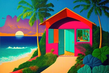 Beach house interior with wide open doors and windows with a view over the beach and summer ocean. Tropical paradise vacation in vibrant colorful pop art.