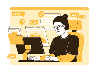 Poster - Programmer writing code flat concept vector illustration. Editable 2D cartoon character on white for web design. Freelance creative idea for website, mobile, presentation. Quicksand font used