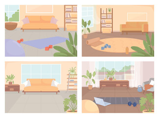 Poster - Home gym for exercising flat color vector illustrations set. Place for domestic sports training. Fully editable 2D simple cartoon interiors collection with living rooms on background