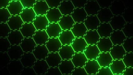 Poster - Abstract background with animation moving of dark surface with glowing track of energy. Motion. Technological backdrop with grid surface with neon stripes.