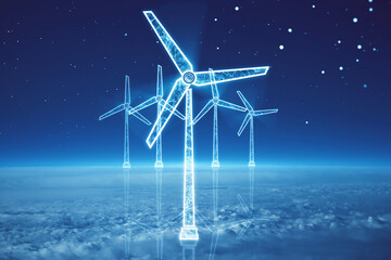 Poster - glowing digital wind mill turbine hologram on blue sky and clouds background. Wind generator concept. Double exposure.