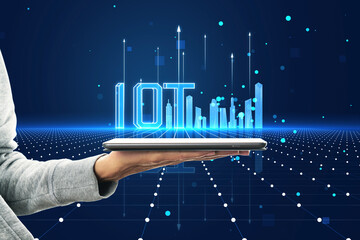 Poster - Close up of female hand holding cellphone with creative glowing digital mesh city and iot hologram on blurry background. Network, communication, internet and innovation concept.