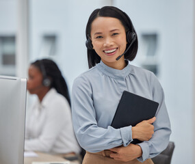 Sticker - Business woman, call center and portrait in office for telemarketing compliance, virtual assistant and workplace employee management. Telecom, technology and consultant or leader with crm excellence