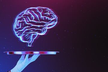 Poster - Close up of hand in glove holding tray with glowing digital human brain hologram on dark purple background with mock up place. AI and machine learning concept.
