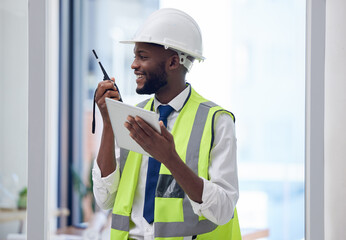 Poster - Engineer, walkie talkie and black man construction worker, building contractor or safety manager working on architecture logistics. African man, digital tech and online conmmunication for maintenance