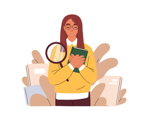 Poster - Happy girl student with book. University knowledge, education, science research concept. Bookworm studying, learning. Smart woman scientist. Flat vector illustration isolated on white background
