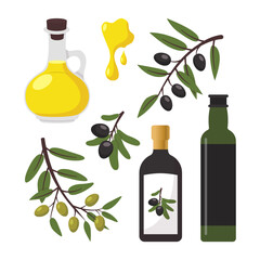 Wall Mural - Olive vector illustration set. Black and green olive tree branches, glass bottle and jug of oil, bowl, jar, and cans. Vector illustration isolated on background for healthy food or cooking concept