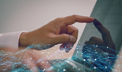 Poster - Businessman using computer laptop. Business global internet connection application technology and digital marketing, Financial and banking, Digital link tech, big data.