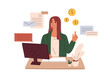 Accountant employee at work. Financial manager at computer desk. Businesswoman, office worker with finance and accounting documents, mail. Flat vector illustration isolated on white background