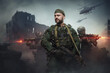 © Fxquadro - Portrait of military man with camouflage uniform in battlefield in city.