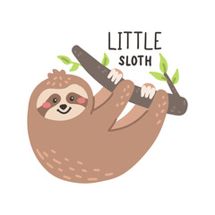 Canvas Print - Cute sloth with lettering Little sloth. Vector hand drawn illustration, children s print for postcards, posters, t-shirt