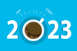 A cup of coffee and a switch. The symbol of the beginning of the new year 2023. Turn on start good day